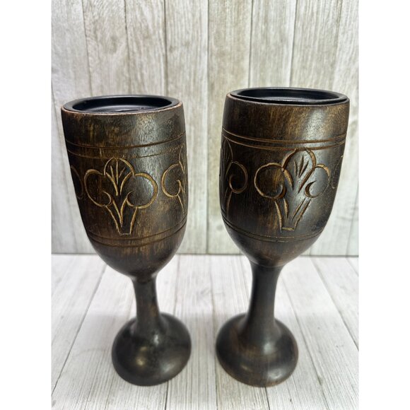 Vtg Wooden Goblet Style Candlestick Holders Carved Rustic Decor Set of 2 India - Picture 3 of 8
